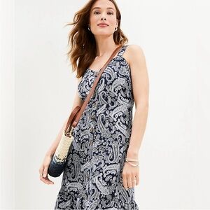 Loft Paisley Linen Strappy Button Tiered Midi Dress- Deep Space Blue